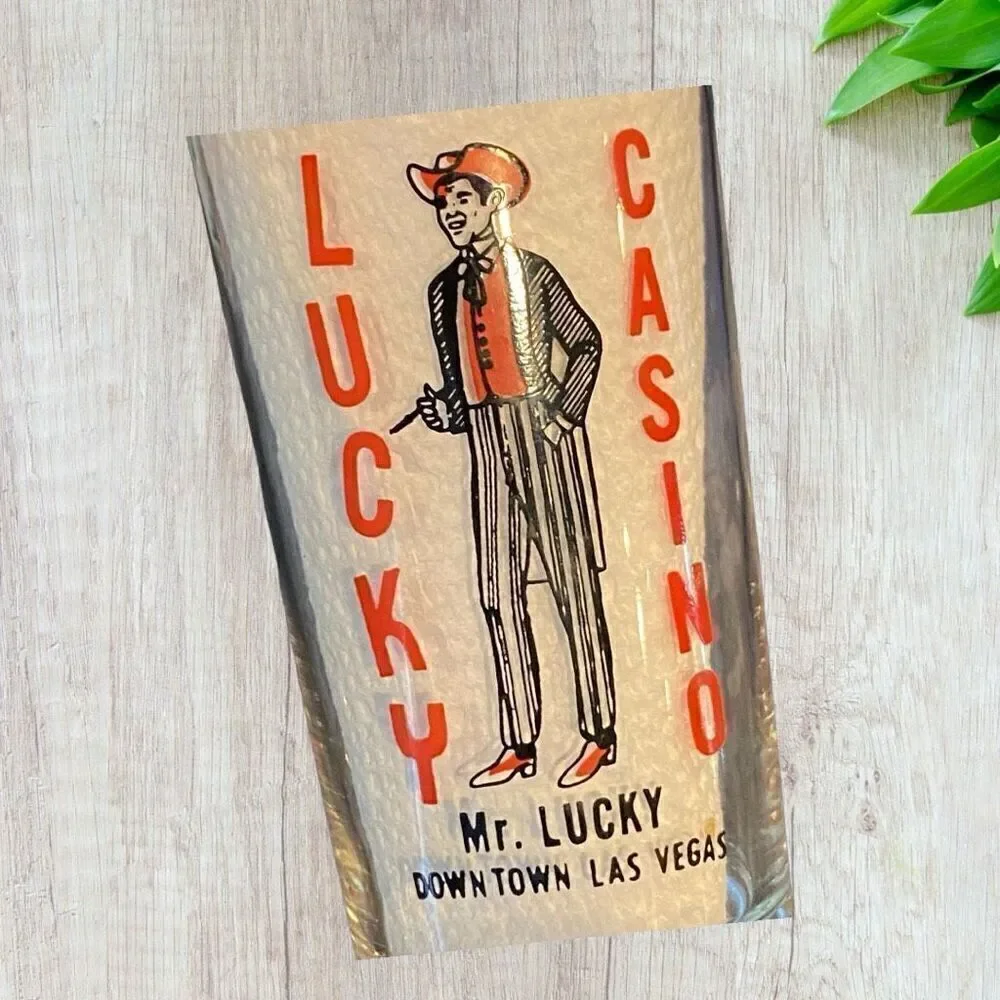 4 - Lucky Casino - Mr. Lucky - Downtown Las Vegas Bar Glass Vintage 4.75”
